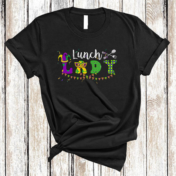 MacnyStore - Lunch Lady, Cheerful Mardi Gras Squad Lunch Lady Lover, Mardi Gras Mask Jester Hat Parades Group T-Shirt