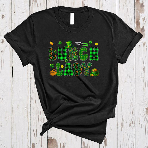 MacnyStore - Lunch Lady, Cheerful St. Patrick's Day Plaid Irish Lucky Shamrocks, Matching Lunch Lady Squad T-Shirt