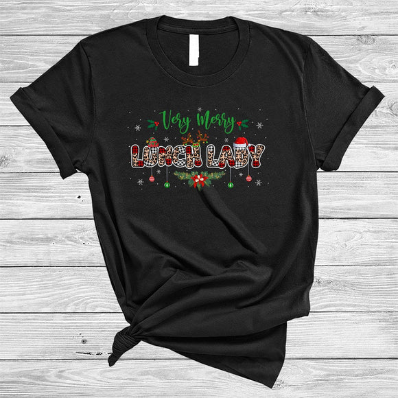 MacnyStore - Very Merry Lunch Lady, Joyful Christmas Red Plaid Leopard Snow Around, Matching Lunch Lady Group T-Shirt