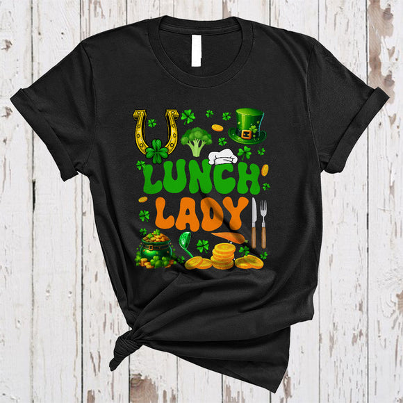 MacnyStore - Lunch Lady, Happy St. Patrick's Day Shamrock Horseshoe, Matching Lunch Lady Group T-Shirt