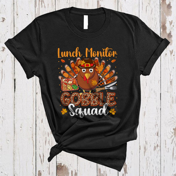 MacnyStore - Lunch Monitor Gobble Squad, Humorous Thanksgiving Turkey Chef Hat, Leopard Plaid Fall Leaf T-Shirt