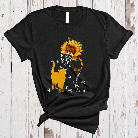 MacnyStore - Lung Cancer Awareness, Lovely Cat With Sunflower Butterflies, White Ribbon Family T-Shirt