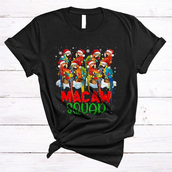 MacnyStore - Macaw Squad, Lovely Awesome Christmas Group Santa Macaw, X-mas Lights Snow Around T-Shirt