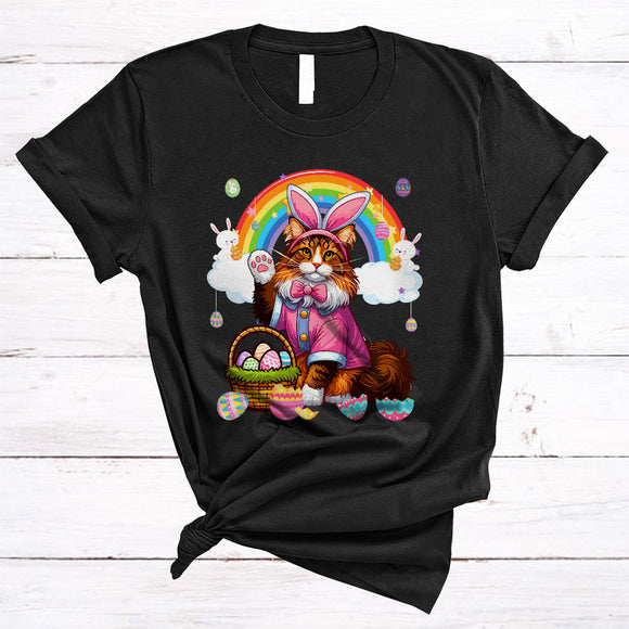 MacnyStore - Maine Coon Cat In Easter Bunny Cosplay, Amazing Easter Day Hunting Eggs Rainbow, Family Group T-Shirt