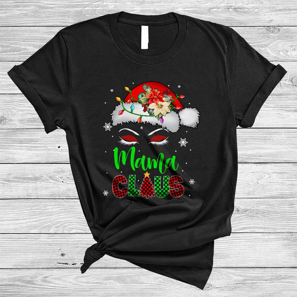 MacnyStore - Mama Claus, Cute Plaid Christmas Floral Santa Hat Face Lover, Matching Family X-mas Group T-Shirt