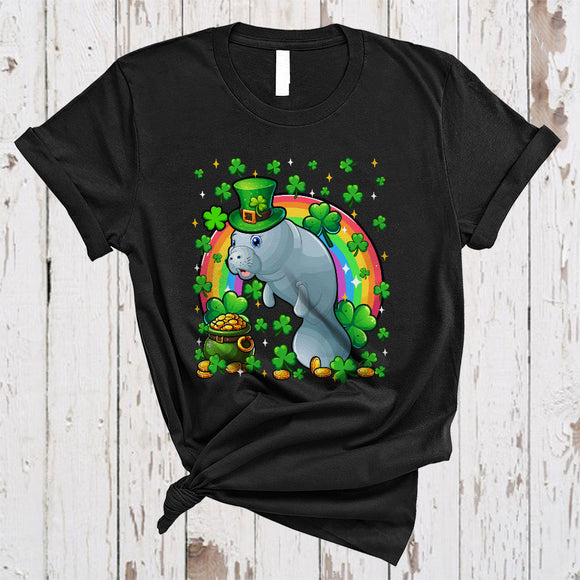 MacnyStore - Manatee Leprechaun With Shamrocks, Lovely St. Patrick's Day Rainbow, Wild Animal Lover T-Shirt