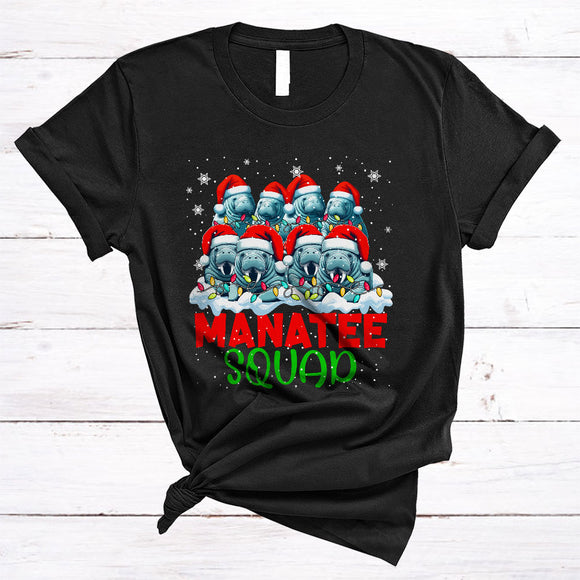 MacnyStore - Manatee Squad, Lovely Awesome Christmas Group Santa Manatee, X-mas Lights Snow Around T-Shirt