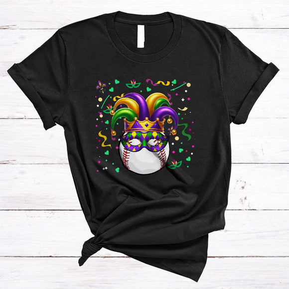 MacnyStore - Mardi Gras Baseball Wearing Mask Beads, Joyful Mardi Gras Carnival Parade, Sport Player Group T-Shirt