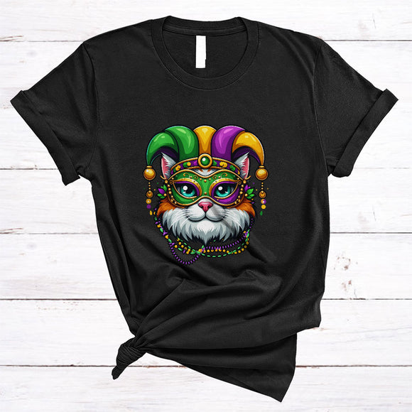 MacnyStore - Mardi Gras Cat Wearing Mask Beads Jester Hat, Cute Mardi Gras Cat Lover, Matching Parades Group T-Shirt