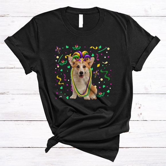 MacnyStore - Mardi Gras Corgi Wearing Jester Hat Beads, Joyful Mardi Gras Carnival Party, Parade Group T-Shirt