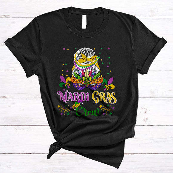 MacnyStore - Mardi Gras Crew, Wonderful Mardi Gras Mask Beads Messy Bun Hair, Women Matching Parade Group T-Shirt