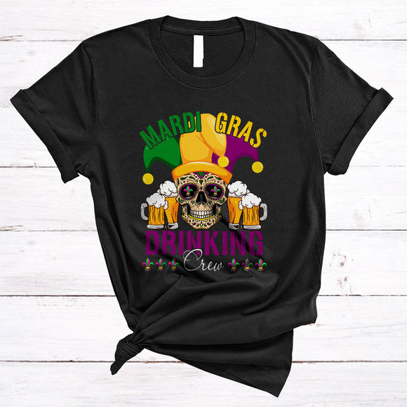 MacnyStore - Mardi Gras Drinking Crew, Awesome Mardi Gras Skull Jester Hat, Beer Matching Drinking Team T-Shirt