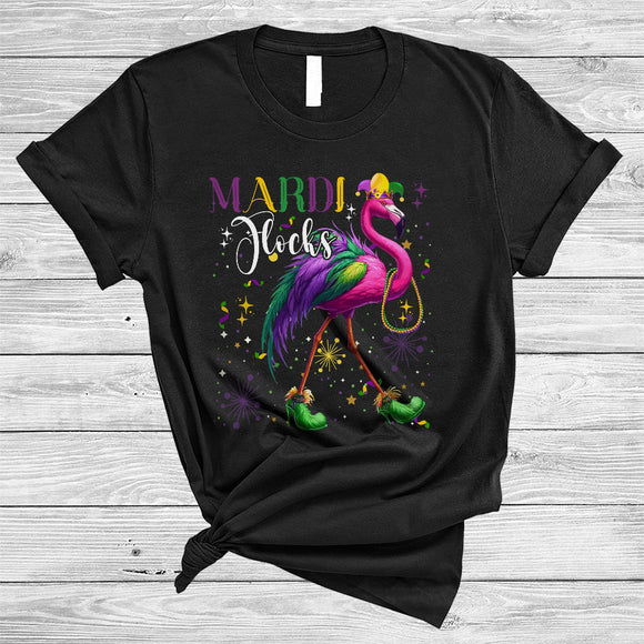 MacnyStore - Mardi Gras Flocks, Cheerful Mardi Gras Flamingo Wearing Jester Hat Beads, Parades Group T-Shirt