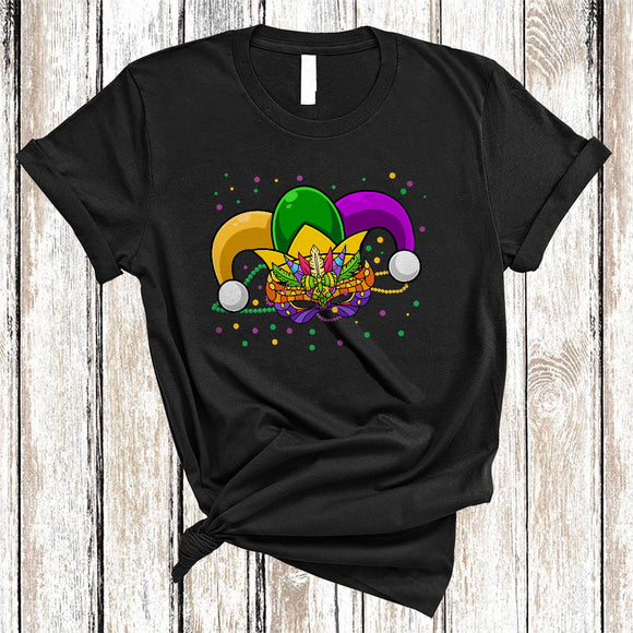MacnyStore - Mardi Gras Jester Hat Mask With Beads, Joyful Mardi Gras Crew Costume, Parades Group T-Shirt