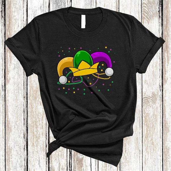 MacnyStore - Mardi Gras Jester Hat With Beads, Joyful Mardi Gras Crew Costume, Matching Parades Group T-Shirt