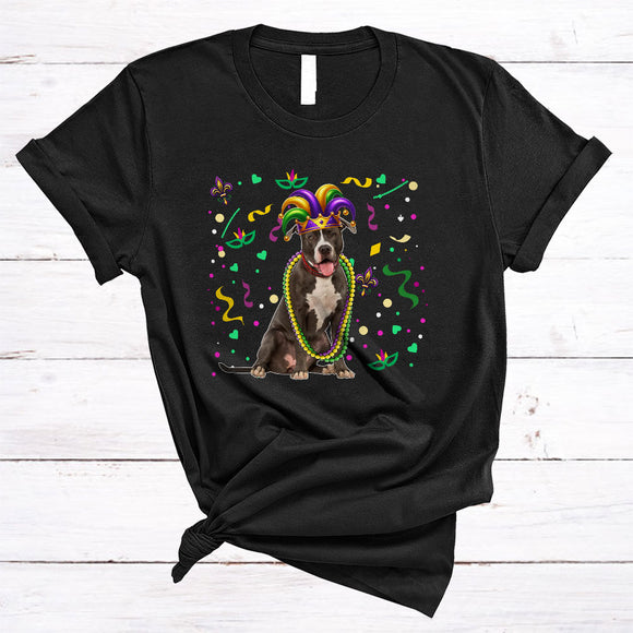 MacnyStore - Mardi Gras Pit Bull Wearing Jester Hat Beads, Joyful Mardi Gras Carnival Party, Parade Group T-Shirt