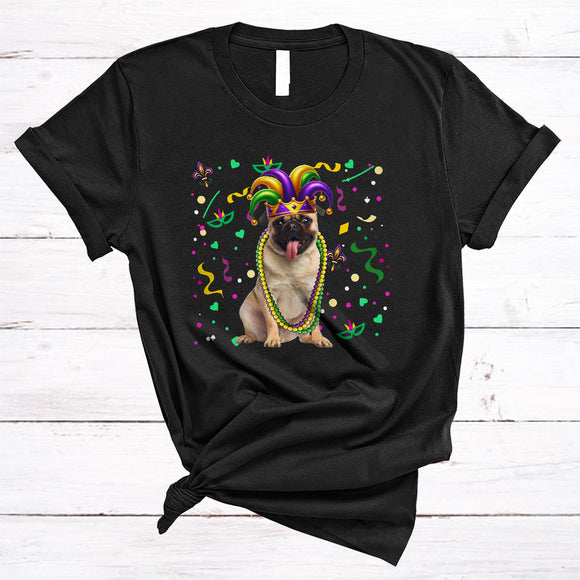 MacnyStore - Mardi Gras Pug Wearing Jester Hat Beads, Joyful Mardi Gras Carnival Party, Parade Group T-Shirt