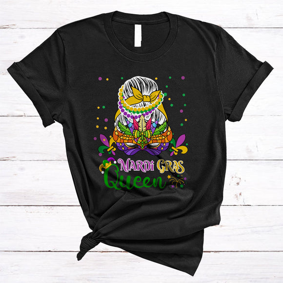 MacnyStore - Mardi Gras Queen, Wonderful Mardi Gras Mask Beads Messy Bun Hair, Women Matching Parade Group T-Shirt