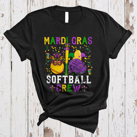 MacnyStore - Mardi Gras Softball Crew, Wonderful Mardi Gras Mask Beads, Matching Sport Player Team  T-Shirt