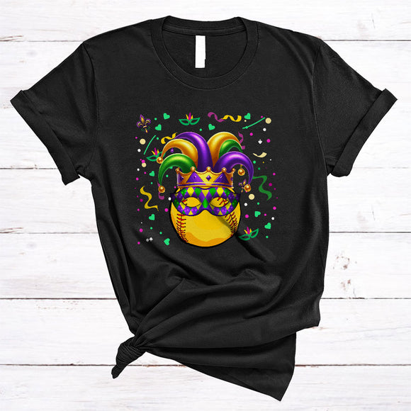 MacnyStore - Mardi Gras Softball Wearing Mask Beads, Joyful Mardi Gras Carnival Parade, Sport Player Group T-Shirt
