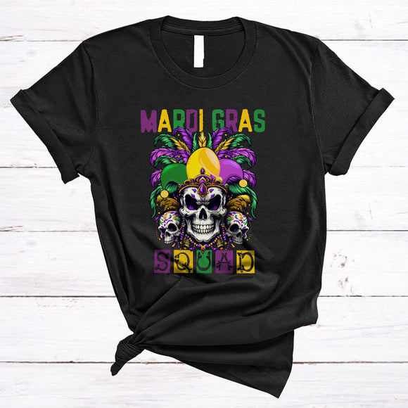MacnyStore - Mardi Gras Squad, Amazing Mardi Gras Three Beads Skull Lover, Matching Party Parades Group T-Shirt