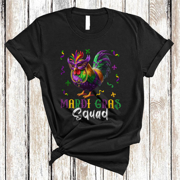 MacnyStore - Mardi Gras Squad, Cute Chicken Wearing Mardi Gras Mask Beads, Matching Chicken Farmer Lover T-Shirt