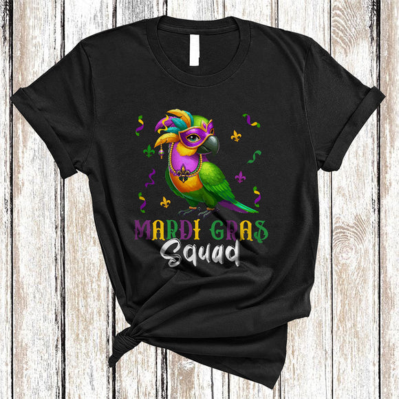 MacnyStore - Mardi Gras Squad, Cute Parrot Wearing Mardi Gras Mask Beads, Matching Parrot Bird Lover T-Shirt