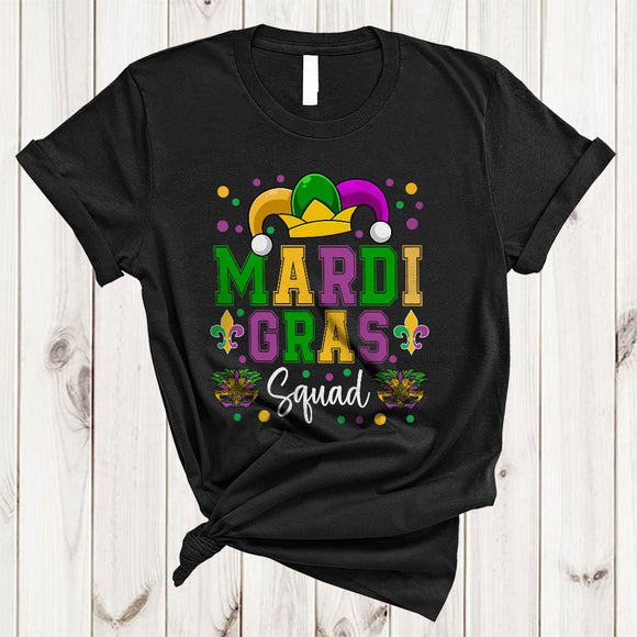 MacnyStore - Mardi Gras Squad, Joyful Mardi Gras Beads Jester Hat, Matching Friends Family Parades Group T-Shirt