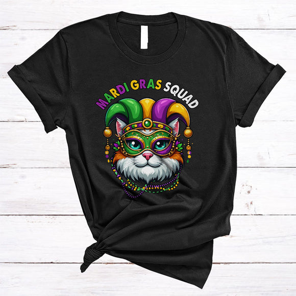 MacnyStore - Mardi Gras Squad, Lovely Cat Wearing Mardi Gras Mask Beads Jester Hat, Carnival Parade Group T-Shirt