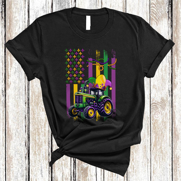 MacnyStore - Mardi Gras US Flag Tractor, Proud Mardi Gras Beads Tractor Driver Farmer, Parades Group T-Shirt