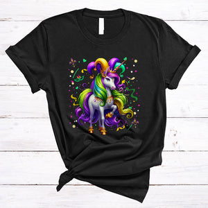 MacnyStore - Mardi Gras Unicorn Wearing Jester Hat Beads, Joyful Mardi Gras Carnival Party, Parade Group T-Shirt