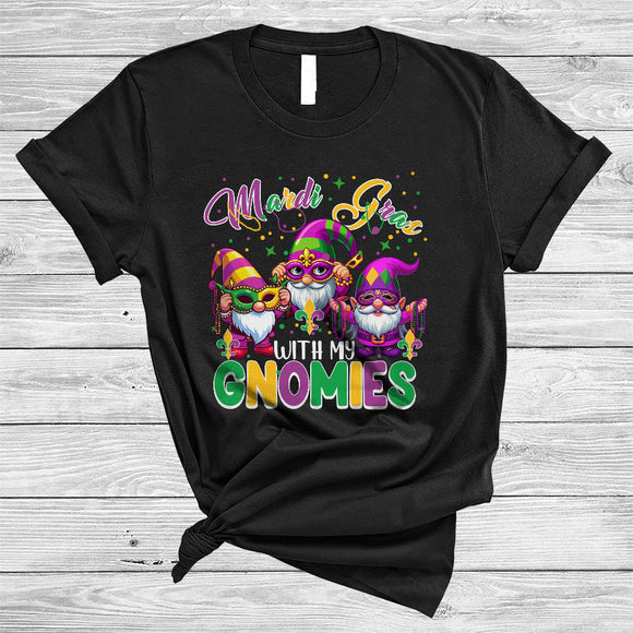 MacnyStore - Mardi Gras With My Gnomies, Adorable Mardi Gras Beads Masked Three Gnomes, Parades Group T-Shirt