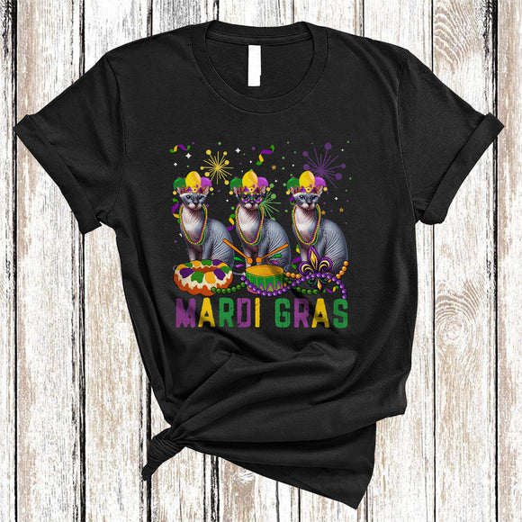 MacnyStore - Mardi Gras, Amazing Mardi Gras Three Sphynx Cat Lover, Beads King Cake Parades Group T-Shirt