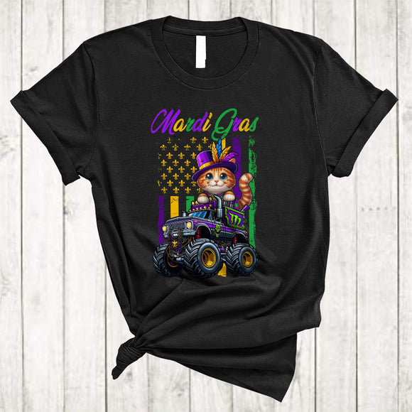 MacnyStore - Mardi Gras, Lovely Cat On Monster Truck Lover US Flag, Matching Mardi Gras Parades Group T-Shirt