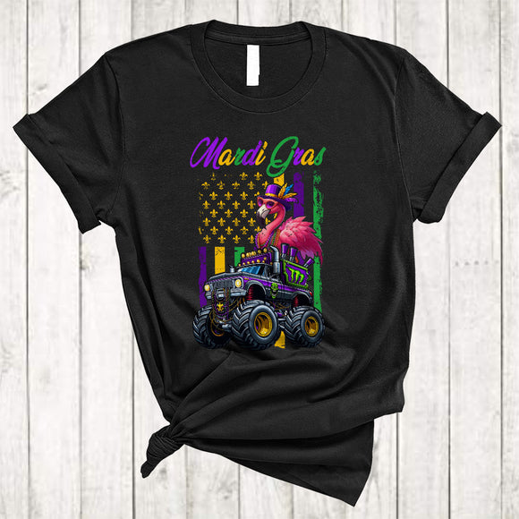 MacnyStore - Mardi Gras, Lovely Flamingo On Monster Truck Lover US Flag, Matching Mardi Gras Parades Group T-Shirt