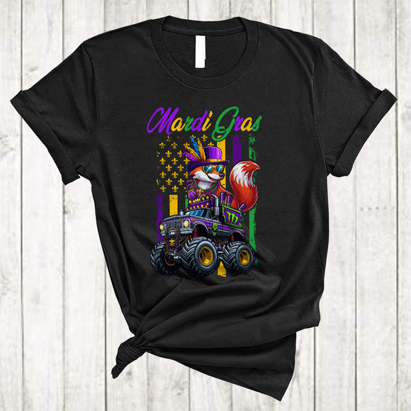 MacnyStore - Mardi Gras, Lovely Fox On Monster Truck Lover US Flag, Matching Mardi Gras Parades Group T-Shirt