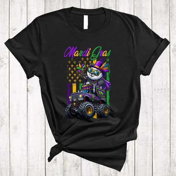 MacnyStore - Mardi Gras, Lovely Panda On Monster Truck Lover US Flag, Matching Mardi Gras Parades Group T-Shirt