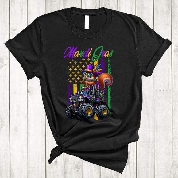 MacnyStore - Mardi Gras, Lovely Squirrel On Monster Truck Lover US Flag, Matching Mardi Gras Parades Group T-Shirt