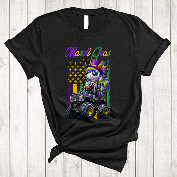 MacnyStore - Mardi Gras, Lovely Unicorn On Monster Truck Lover US Flag, Matching Mardi Gras Parades Group T-Shirt
