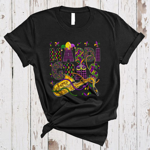 MacnyStore - Mardi Gras, Wonderful Mardi Gras Plaid Saxophone Player, Beads Mardi Gras Parade Group T-Shirt