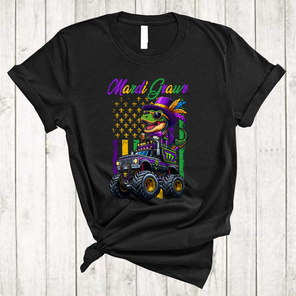 MacnyStore - Mardi Grawr T-Rex On Monster Truck Lover US Flag, Matching Mardi Gras Parades Group T-Shirt