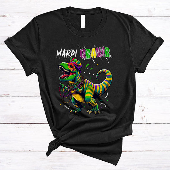 MacnyStore - Mardi Grawr, Awesome Mardi Gras Beads Mask T-Rex Rawr, Matching Dinosaur Lover T-Shirt