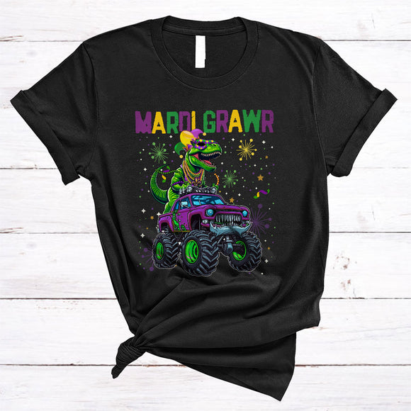 MacnyStore - Mardi Grawr, Awesome Mardi Gras T-Rex Driving Monster Truck Beads, Dinosaur Lover T-Shirt