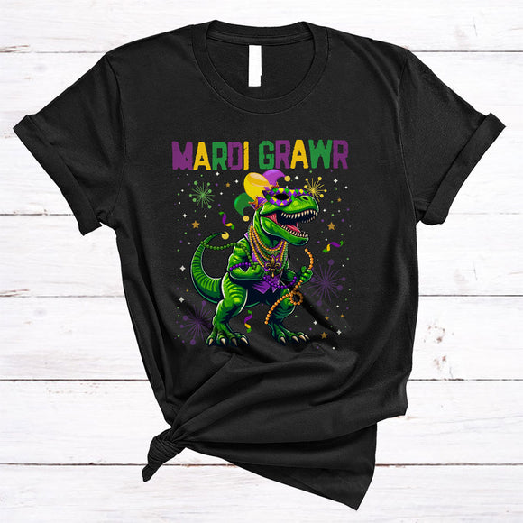 MacnyStore - Mardi Grawr, Awesome Mardi Gras T-Rex Wearing Mardi Gras Mask Beads, Dinosaur Lover T-Shirt