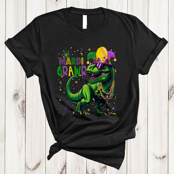 MacnyStore - Mardi Grawr, Humorous Mardi Gras T-Rex Wearing Beads Jester Hat, T-Rex Dinosaur Lover T-Shirt
