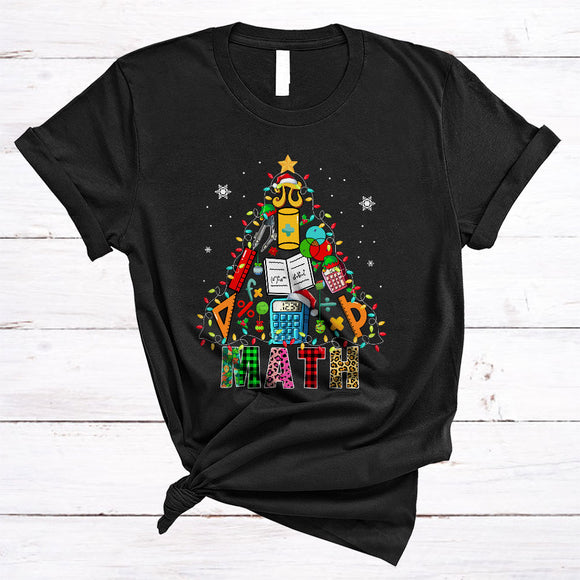 MacnyStore - Math, Colorful Leopard Plaid Christmas Lights Tree, Matching Math Teacher Tools Lover T-Shirt