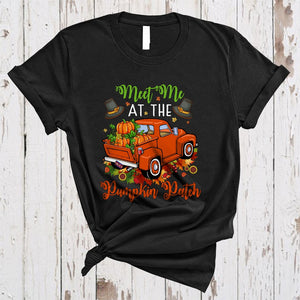 MacnyStore - Meet Me At The Pumpkin Patch, Joyful Halloween Thanksgiving Pumpkin On Pickup Truck, Family Group T-Shirt
