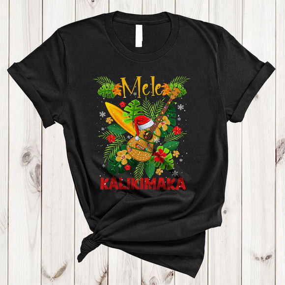 MacnyStore - Mele Kalikimaka Awesome Merry Christmas Guitar Santa With Xmas Lights Hawaiian Floral Surfing T-Shirt