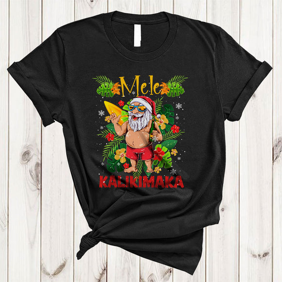 MacnyStore - Mele Kalikimaka Awesome Merry Christmas Santa With Xmas Lights Hawaiian Floral Surfing T-Shirt
