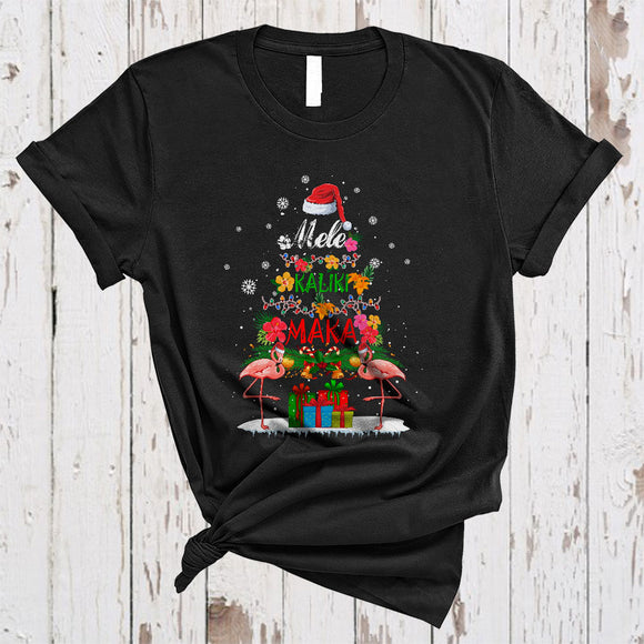 MacnyStore - Mele Kalikimaka, Colorful Christmas Lights Tree Santa Flamingo, Hawaiian Hawaii Tropical X-mas T-Shirt
